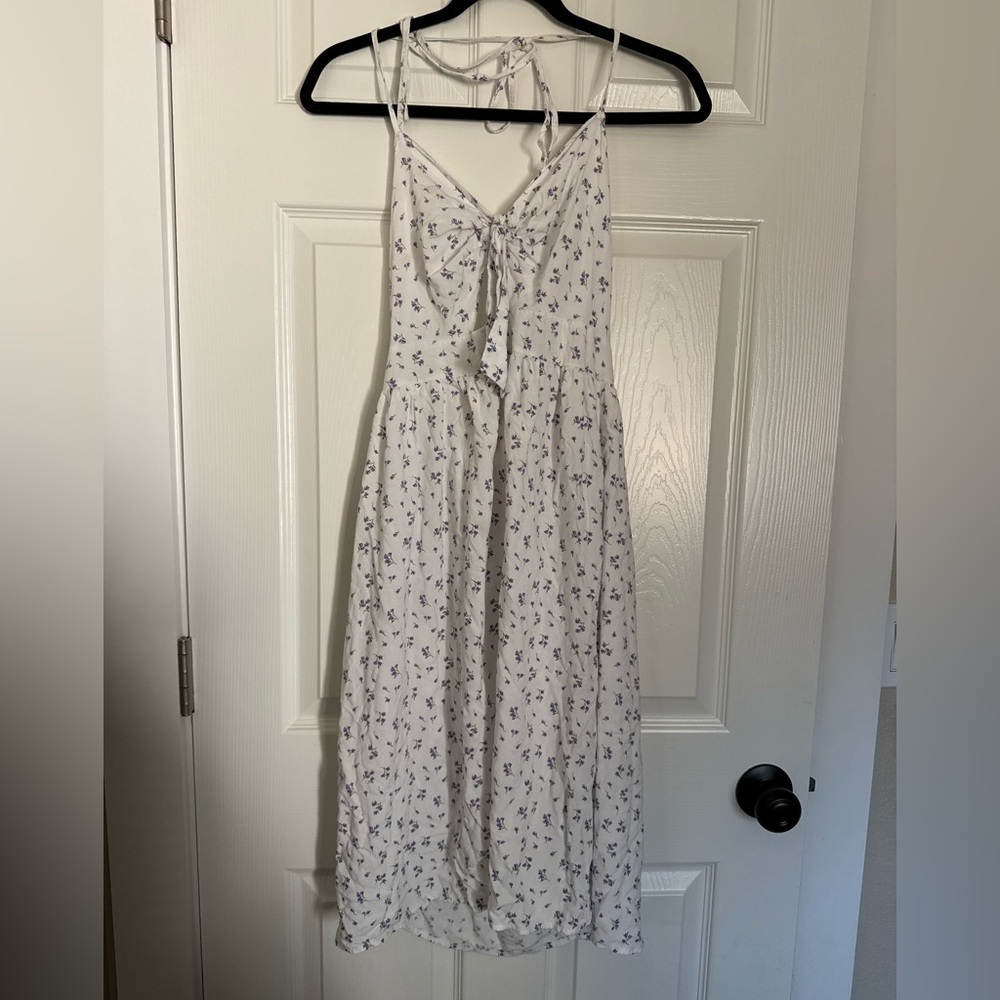 White Floral Tie-Back Midi Dress with Lavender Print